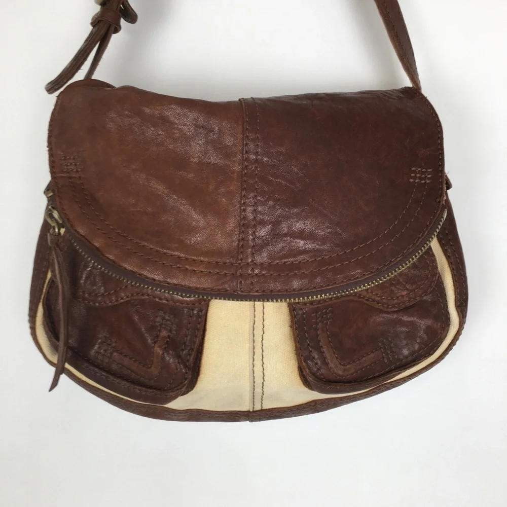 Lucky Brand Italian Leather & Canvas Shoulder Bag Brown Tan Hobo Bag Purse